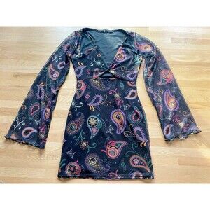 Daisy Street Groovy Retro Emoji Mesh Bell Sleeve Cutout Skater Dress Size 6